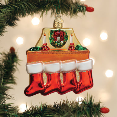 Family Of 4 Stockings Ornament in red with white trim