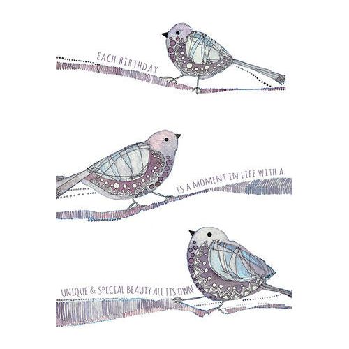 Valerie birthday card in Aubergine with glitter embossing featuring birds.