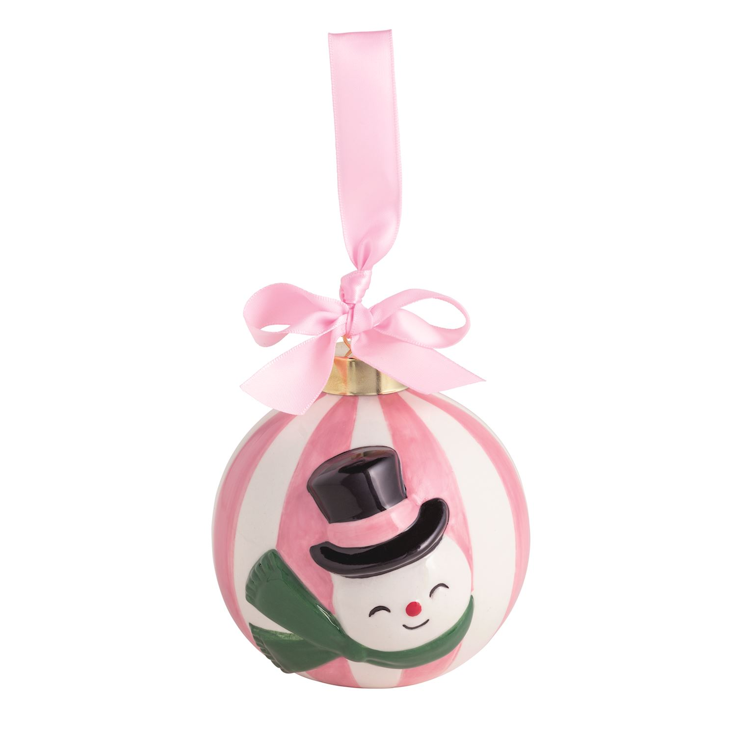 Hand-painted ceramic Whimsy Ball Ornament with pink stripes, a snowman face, and a pink satin bow.