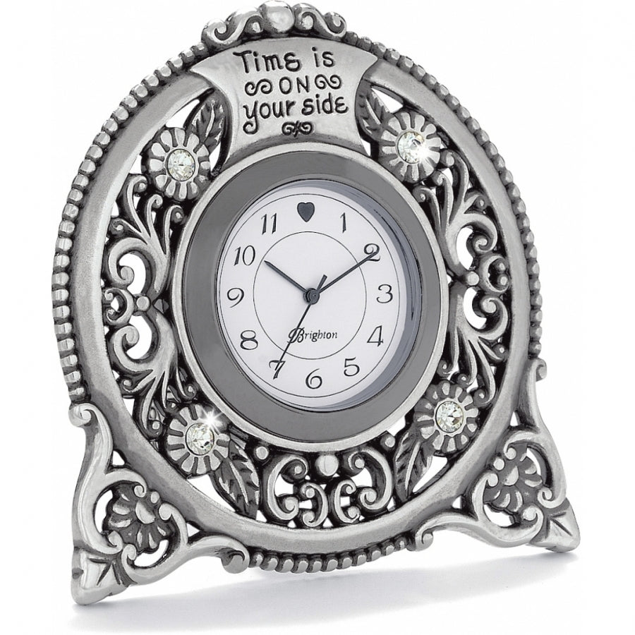 Silver plated Forever Clock with floral filigree, crystal accents, and 'Time is on your side' text.