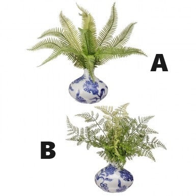 Natural fern-patterned ceramic vase with plastic accents in a curved silhouette.