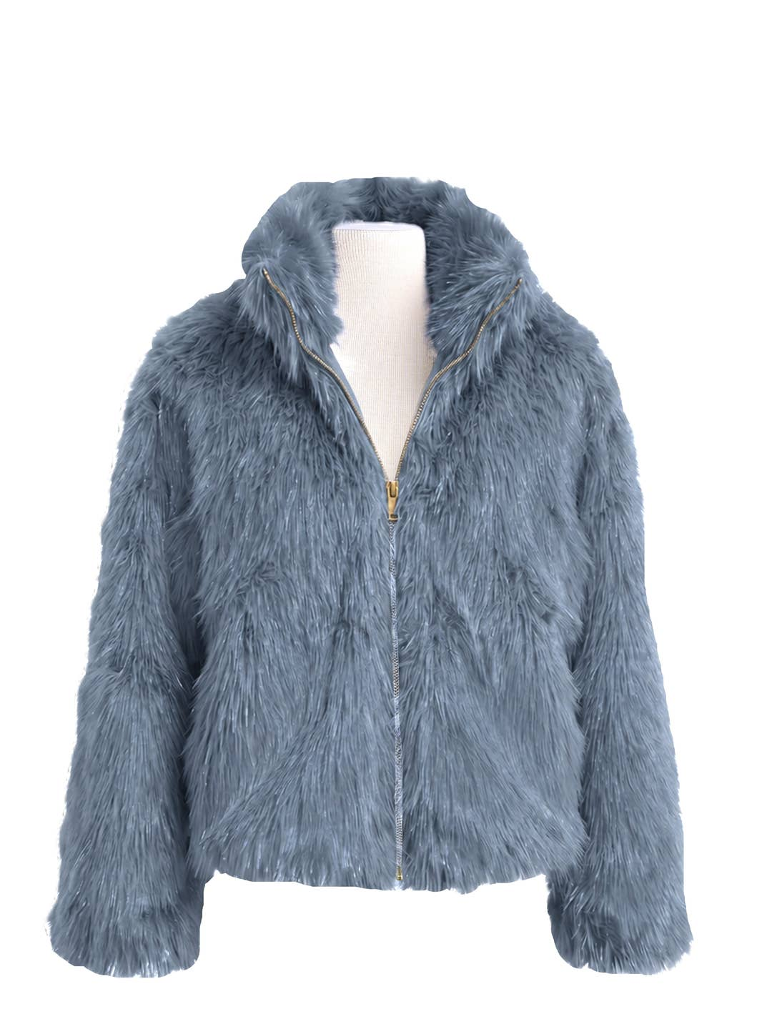 Blue dressy faux fur jacket with a gold-tone front zipper closure and high collar.