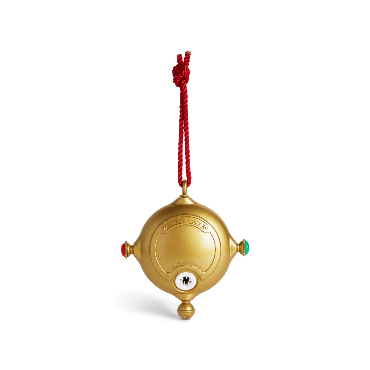 Gold spherical Santa's Kindness Ornament with red cord, red and green side buttons, and a keyhole.
