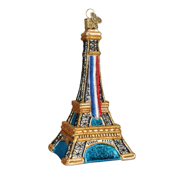 Small Eiffel Tower ornament in metallic gold finish with intricate lattice detailing.
