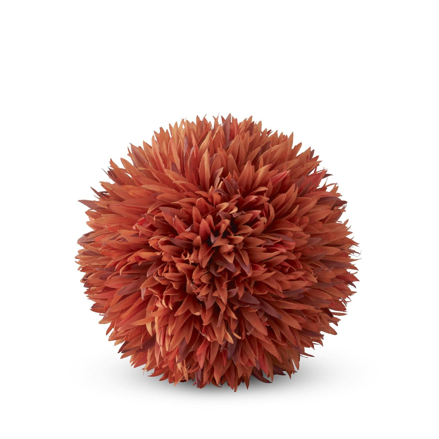 Round orange allium ball with dense, textured fabric petals on a white background.