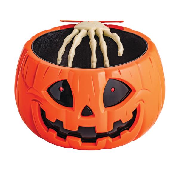 Animated orange Jack-O-Lantern candy bowl with a skeleton hand and glowing red LED eyes.
