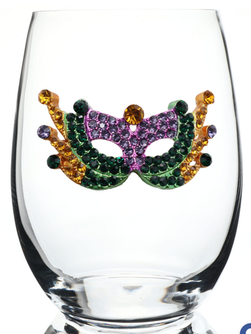 Handcrafted stemless wine glass with jeweled embellishments around the rim in clear crystal.