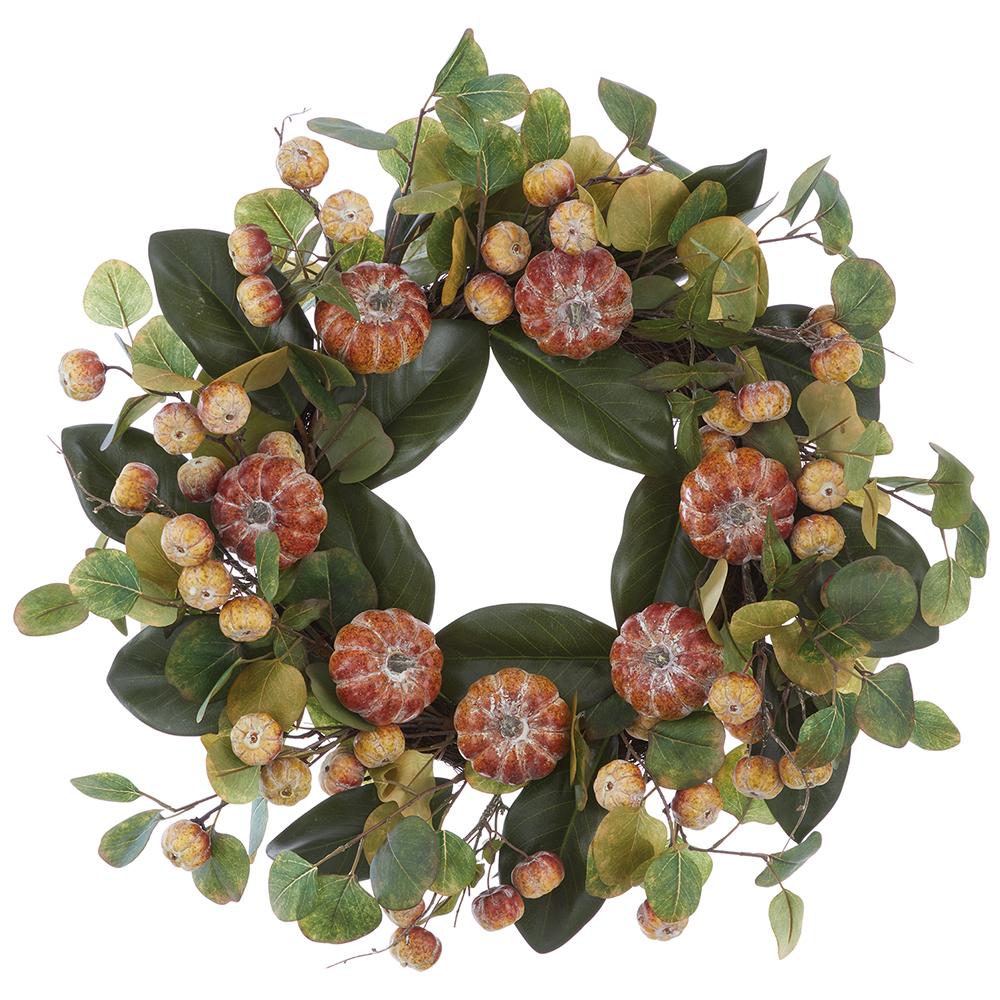 24-inch wreath with orange pumpkins, green eucalyptus, and magnolia leaves on a rattan base.