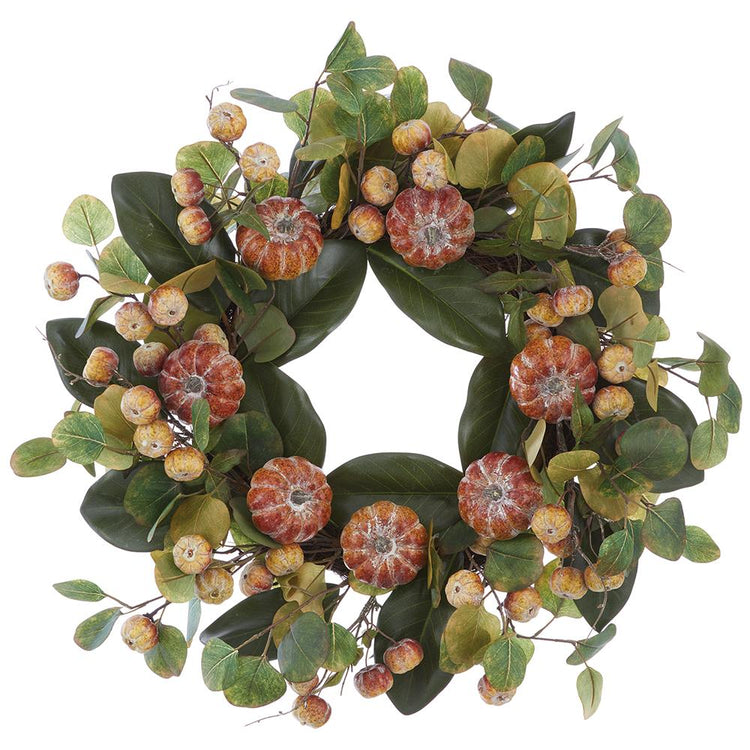 24-inch wreath with orange pumpkins, green eucalyptus, and magnolia leaves on a rattan base.