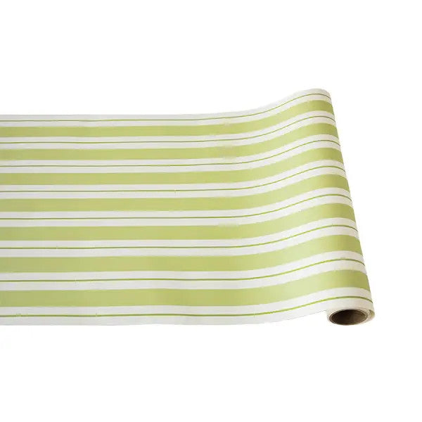 Green and white awning stripe paper table runner roll.