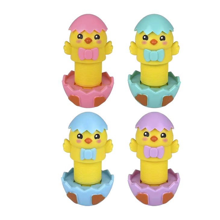 Easter chick fidget pop tube with stretchable yellow body and pastel spring pattern.