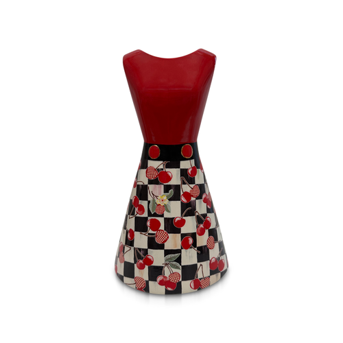 Mon Cheri Tall Dress Vase with a red bodice and a black and white checkered cherry print skirt.