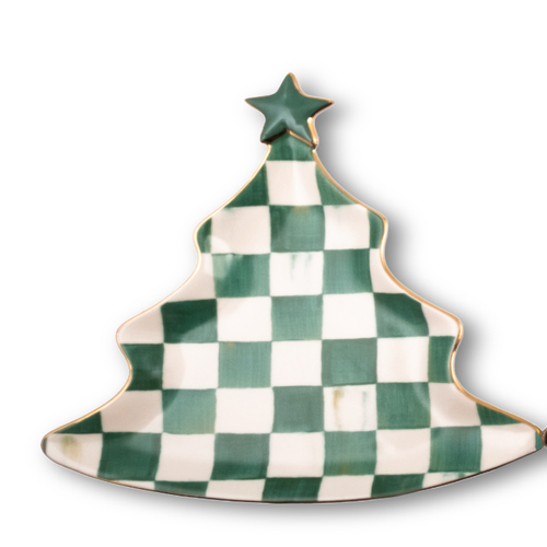 Green and white checkered ceramic Christmas tree trinket tray with a gold rim and star topper.
