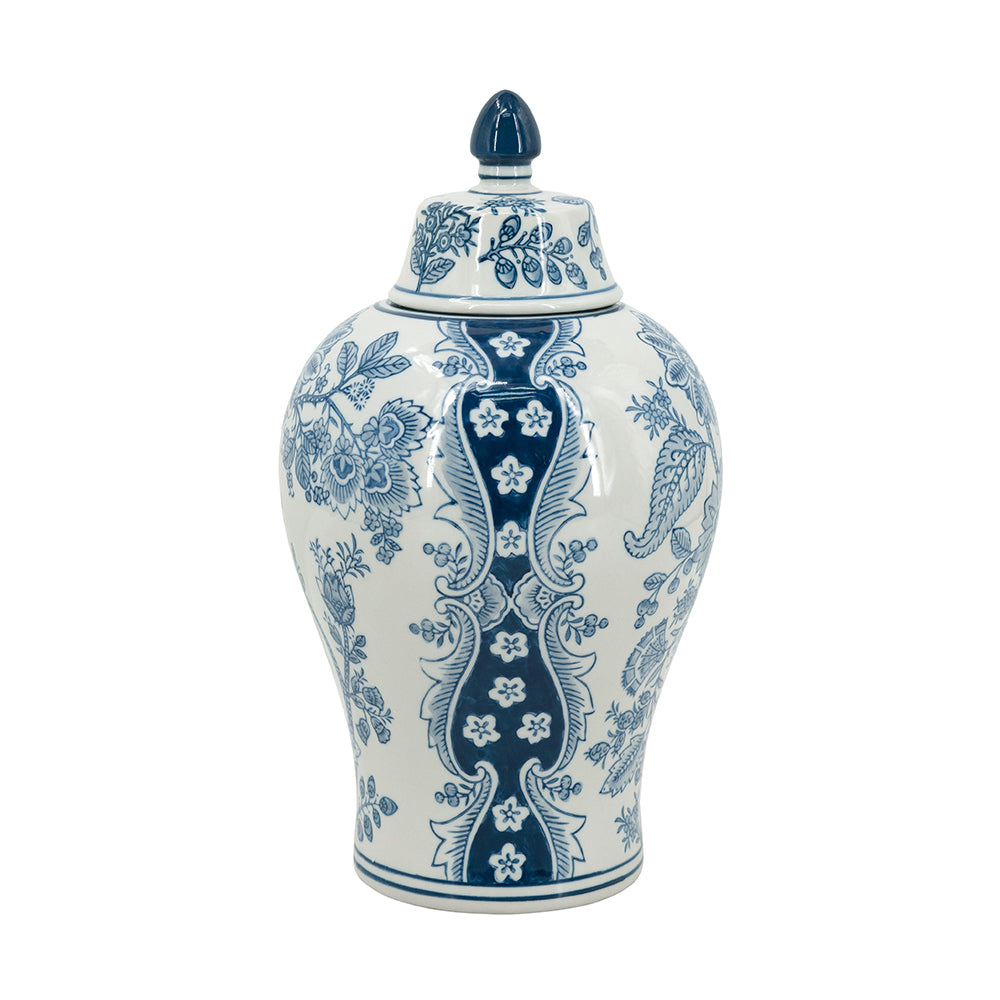 Blue and white porcelain lidded jar with floral patterns and a decorative finial.