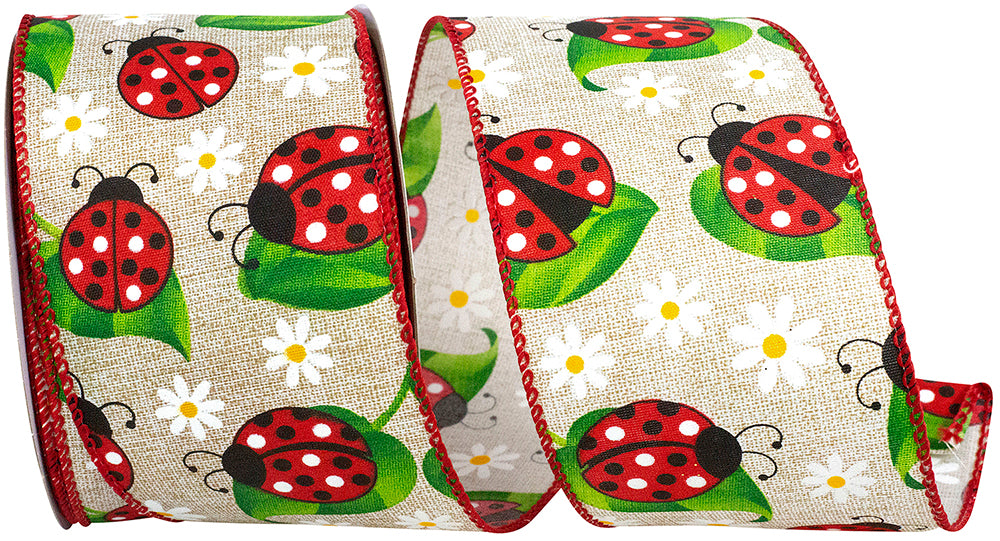 Wired edge fabric in Lady Bugs and Daisies floral pattern with daisy motifs on a light background.