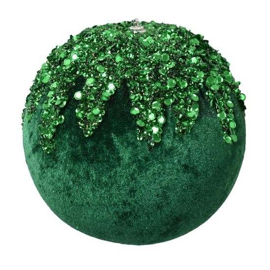 6-inch velvet ball ornament with dripping sequin design in deep red