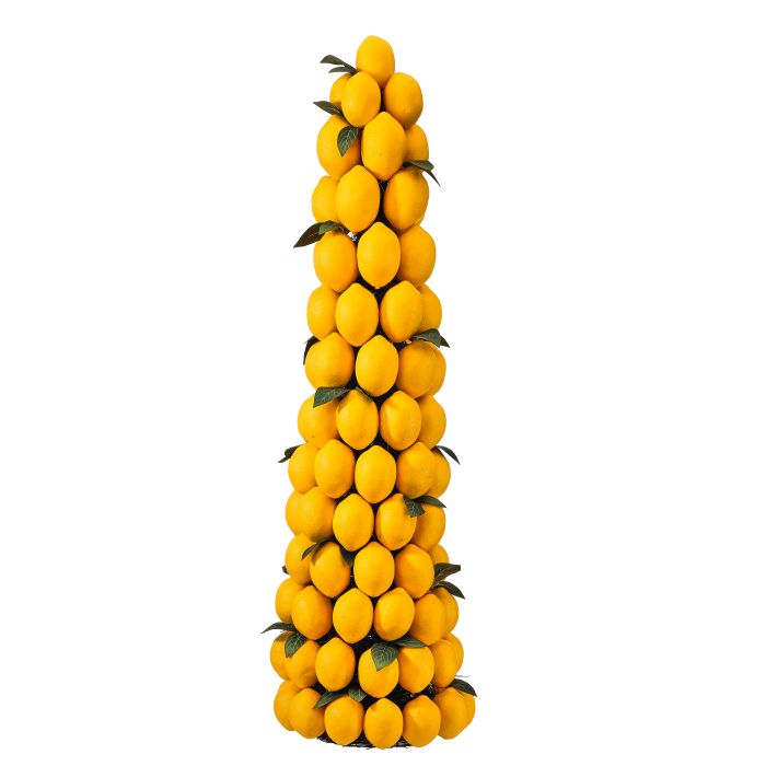 Artificial lemon topiary cone tree with yellow fruit accents on a green conical silhouette.