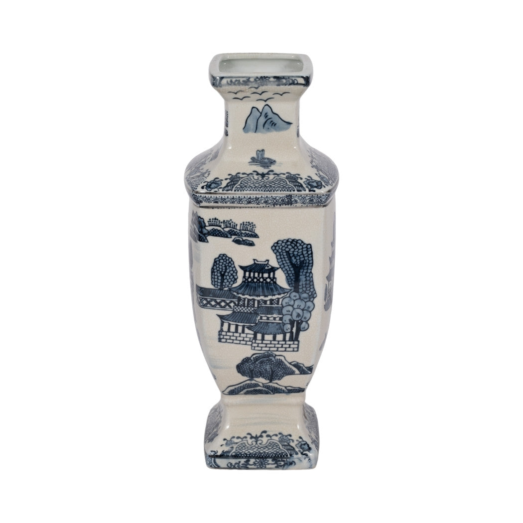 15 inch blue and white ceramic chinoiserie temple vase with landscape and pagoda illustrations.