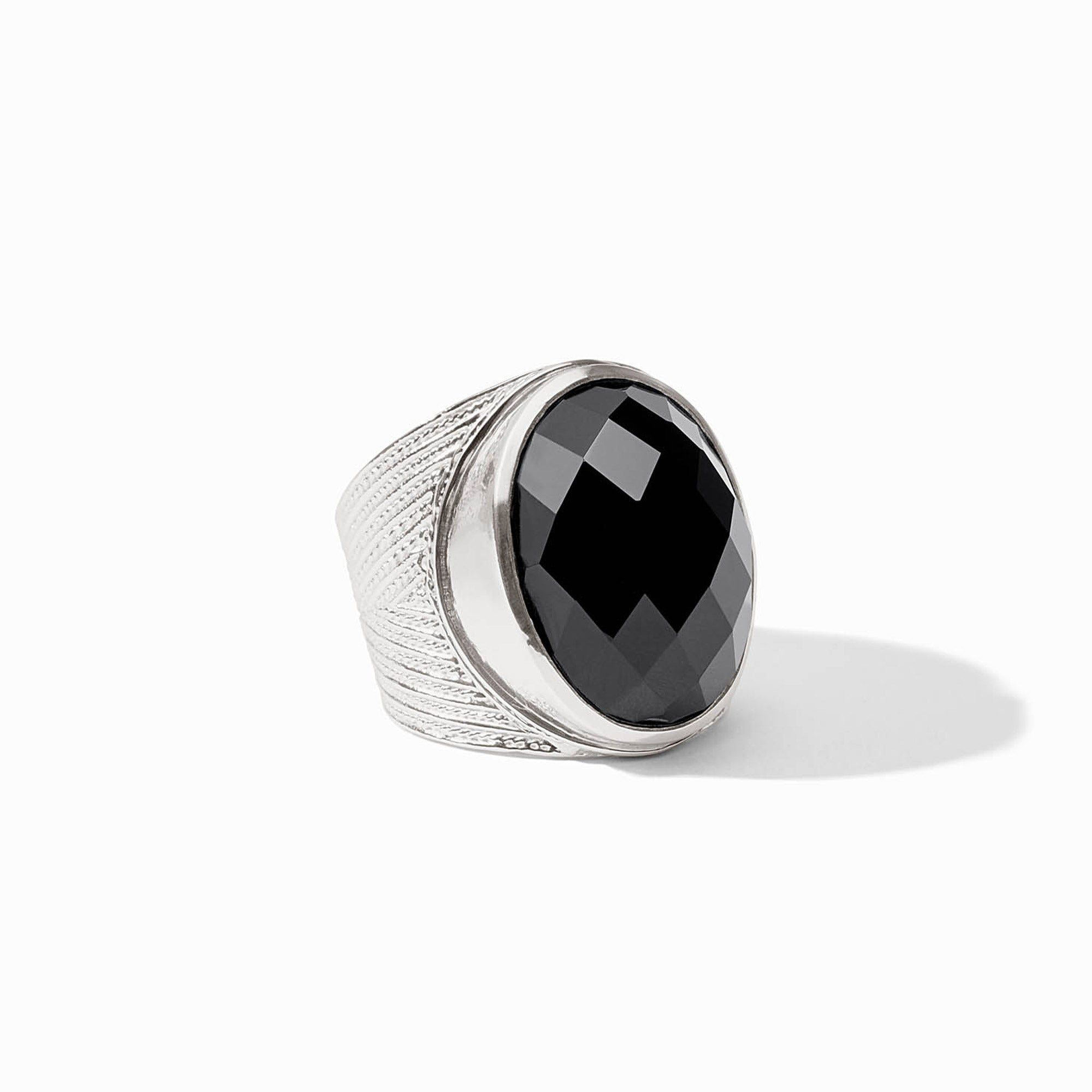 Verona statement ring in silver with a large faceted oval black obsidian stone.