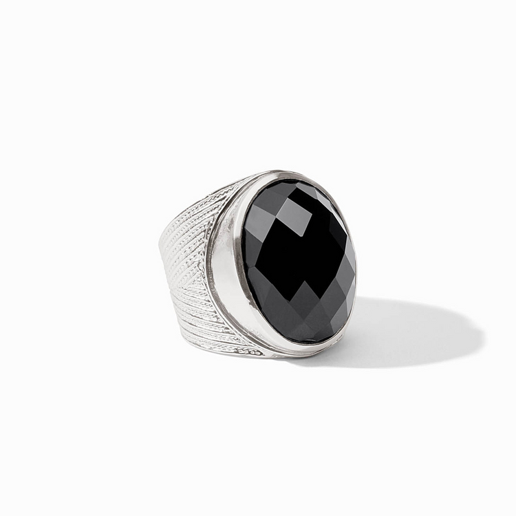 Verona statement ring in silver with a large faceted oval black obsidian stone.