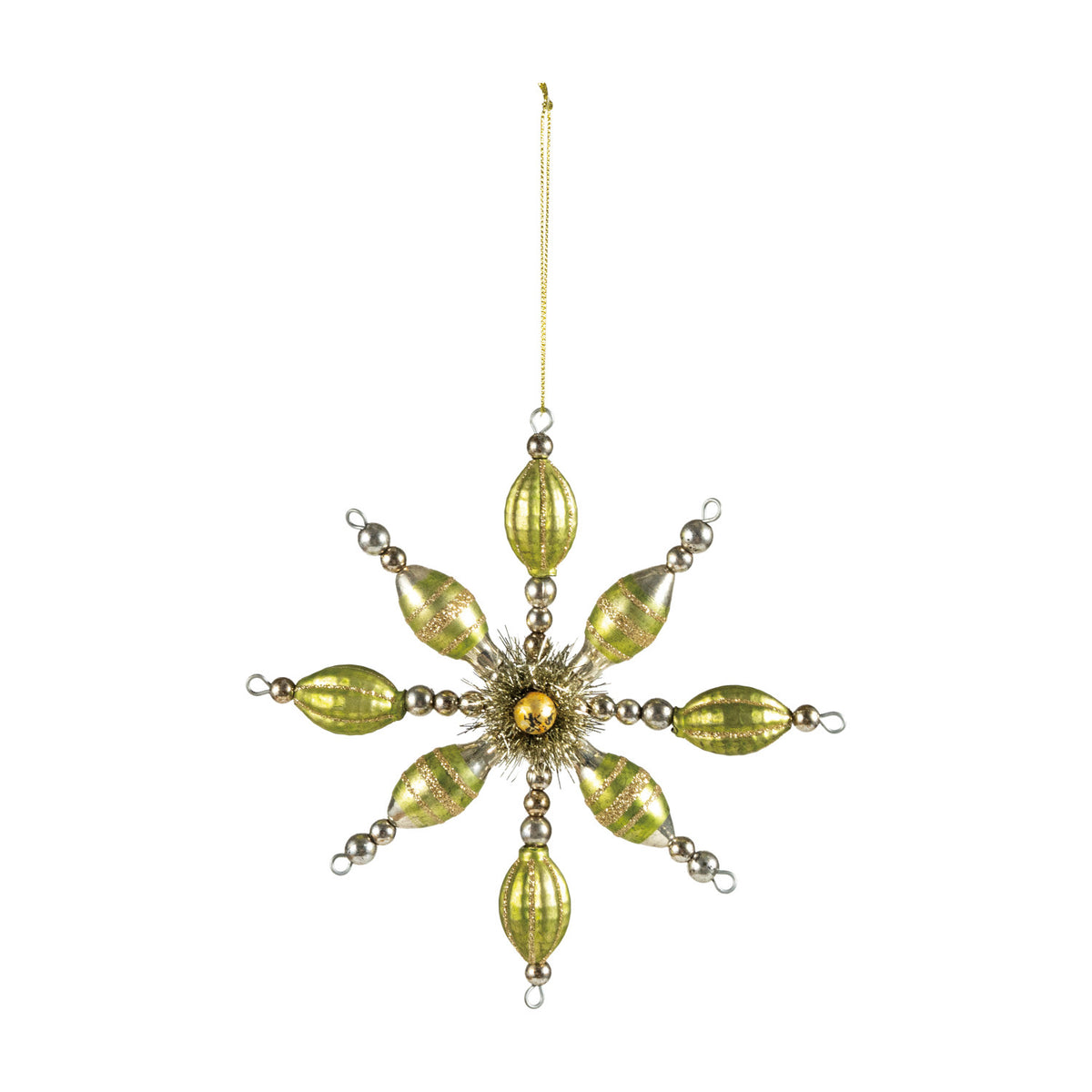 Green glass snowflake ornament with silver beaded detailing and a gold tinsel center.