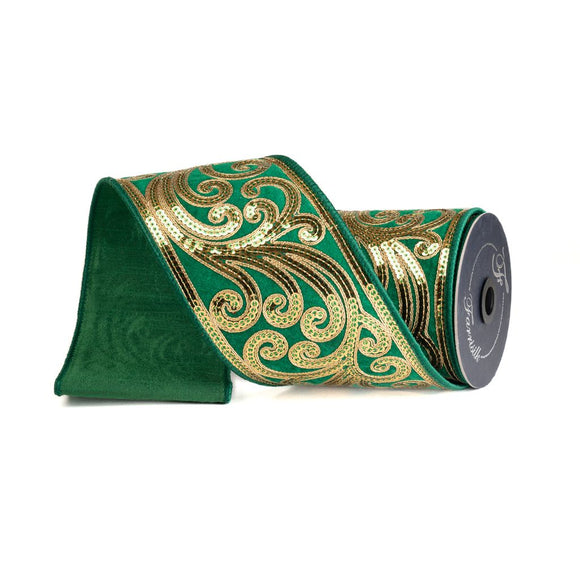 Christmas Scroll ribbon with thick wired edge, secondary fabric structure, red color.