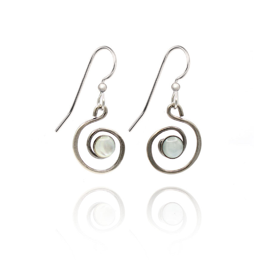 Coil with Stone Earrings featuring silver-tone wire spirals and round iridescent stones.