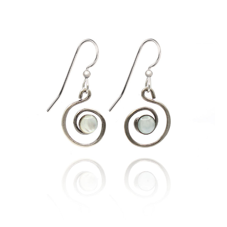 Coil with Stone Earrings featuring silver-tone wire spirals and round iridescent stones.
