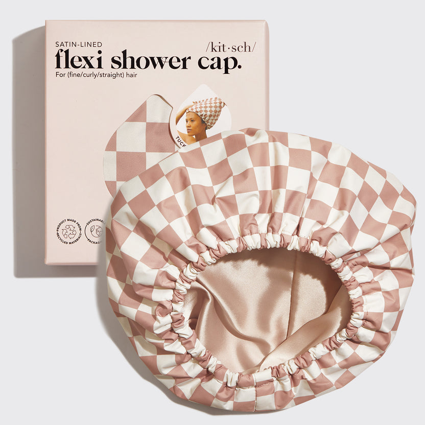 Satin-lined flexi shower cap with adjustable wire closure and open-back design