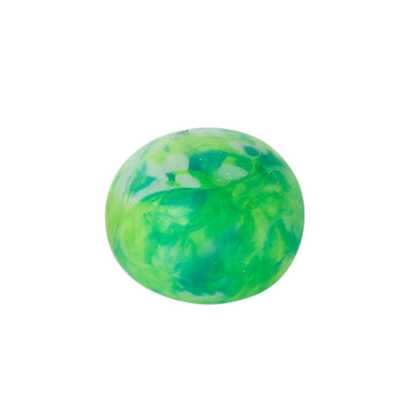 Green and blue marbled stress ball with a squishy texture.