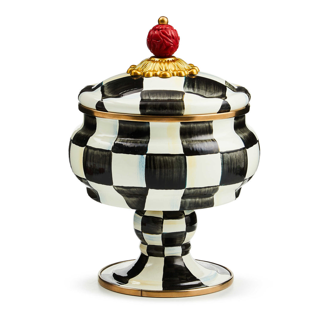 Courtly Check Enamel Curiosity Pot with hand-painted black and white checks and a red cinnabar knob.