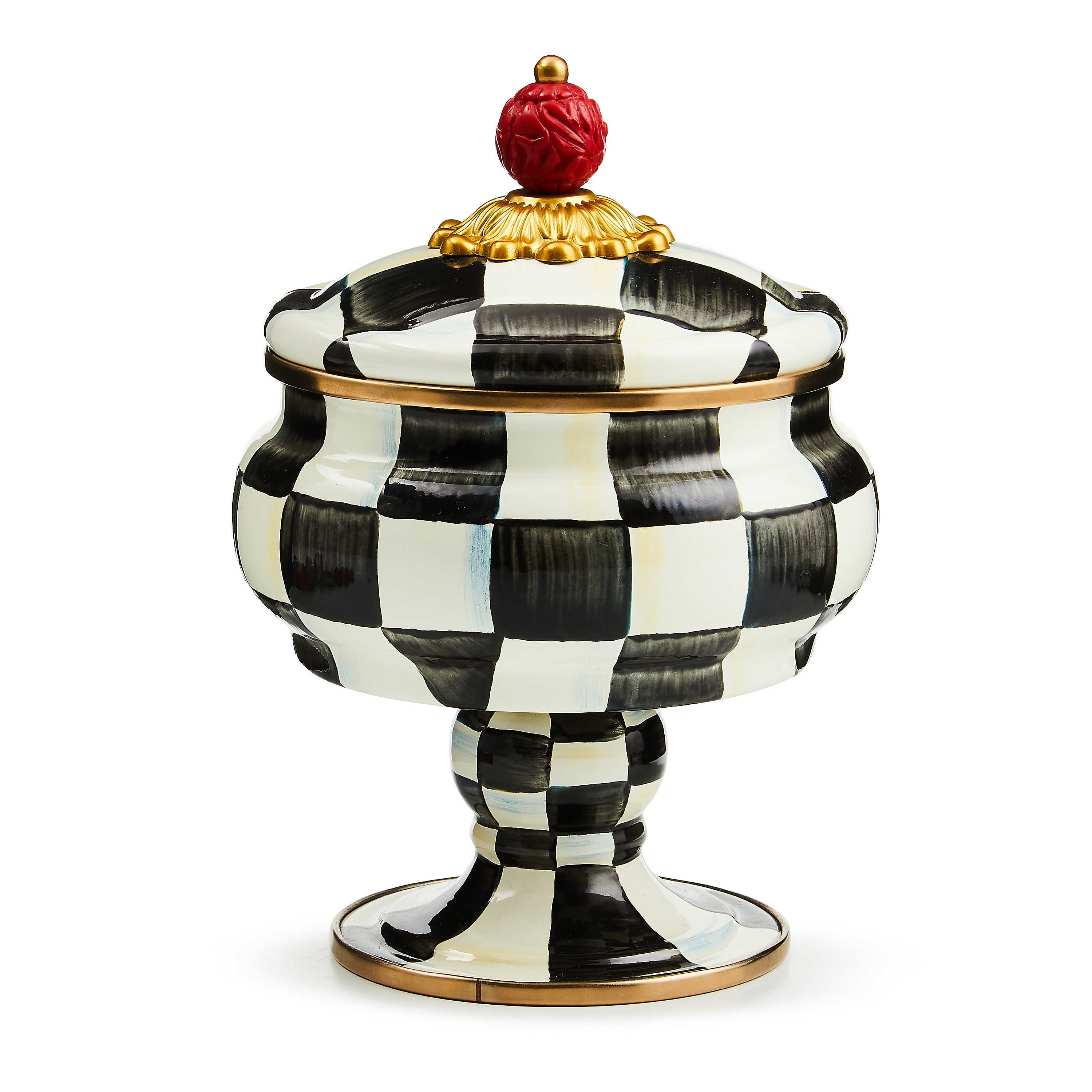 Courtly Check Enamel Curiosity Pot with hand-painted black and white checks and a red cinnabar knob.