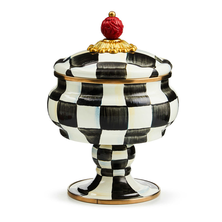 Courtly Check Enamel Curiosity Pot with hand-painted black and white checks and a red cinnabar knob.