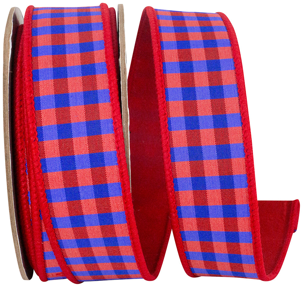 Red dupioni fabric with blue wired edge trim on a check pattern