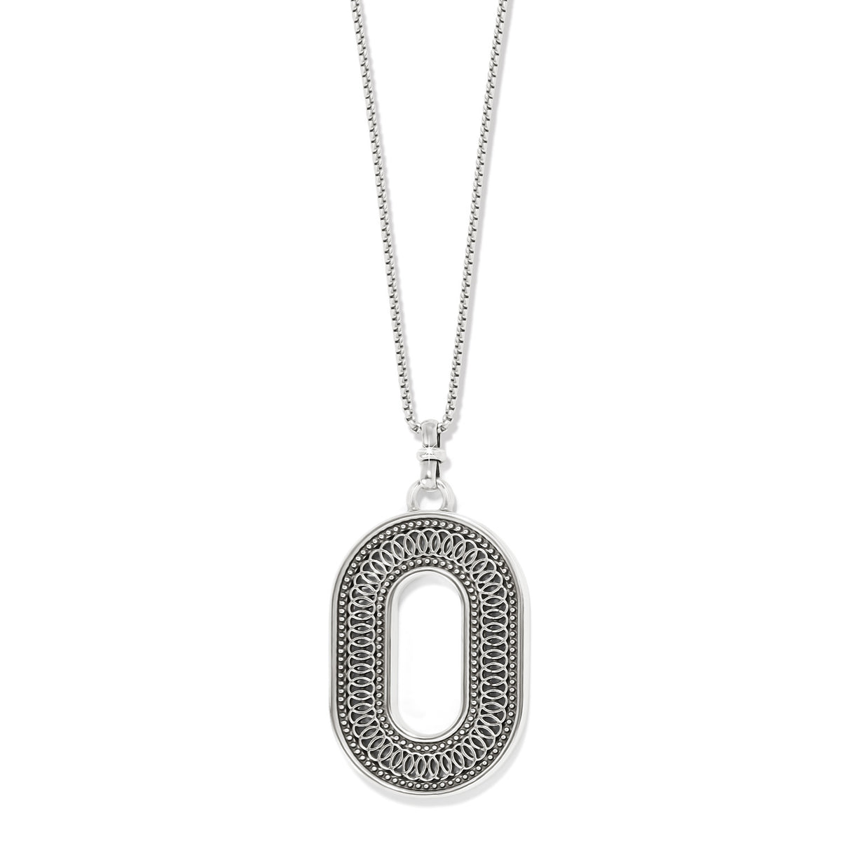 Silver plated Ferrara Siena oval pendant necklace with lobster claw closure on an adjustable chain.
