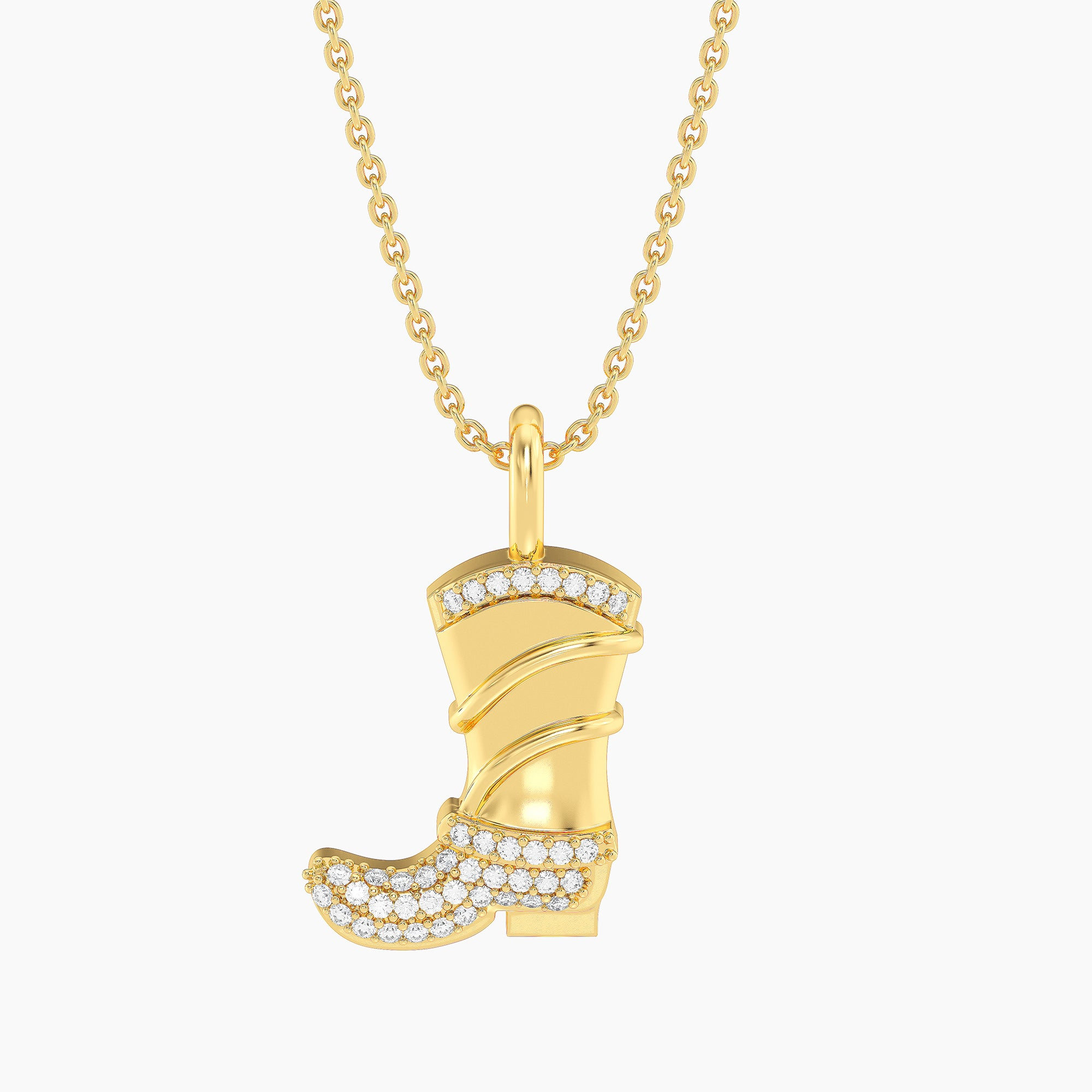 Gold cowgirl boot pendant necklace with diamond accents on the top and foot of the boot.