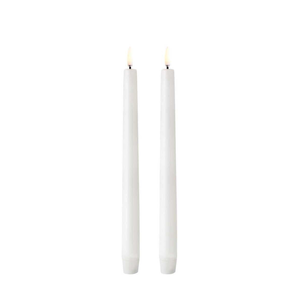 Set of two 9.8 inch smooth Nordic white LED taper candles with realistic flickering flames.