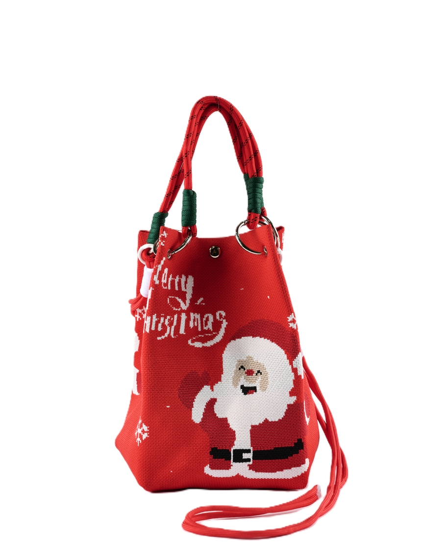 Red crossbody Christmas sweater bucket bag featuring a Santa Claus design and rope handles.