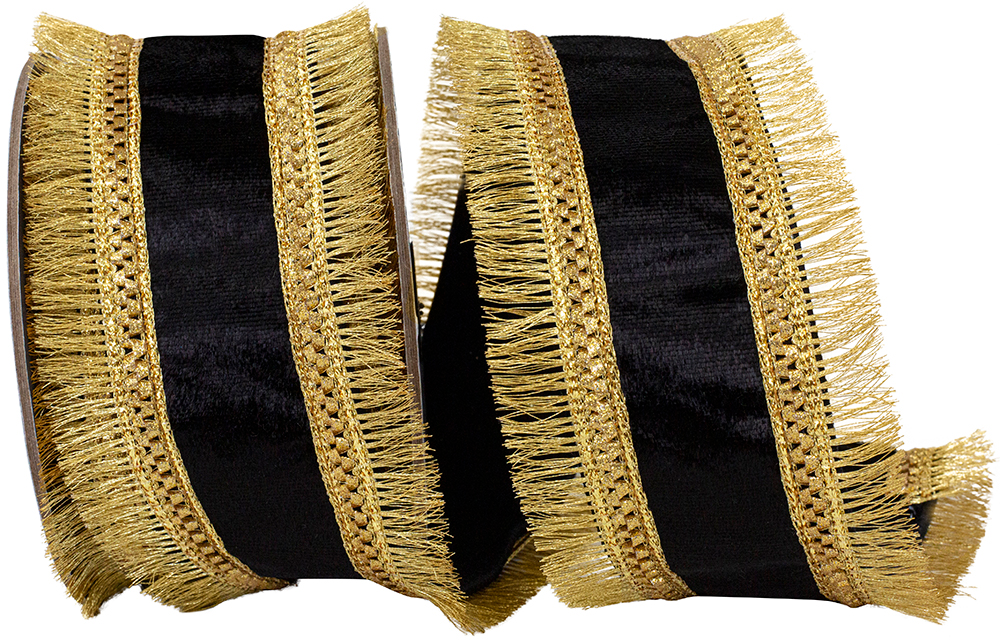 Black velvet wired edge ribbon with gold regal fringe trimming on both sides.