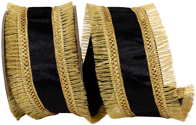 Black velvet wired edge ribbon with gold regal fringe trimming on both sides.