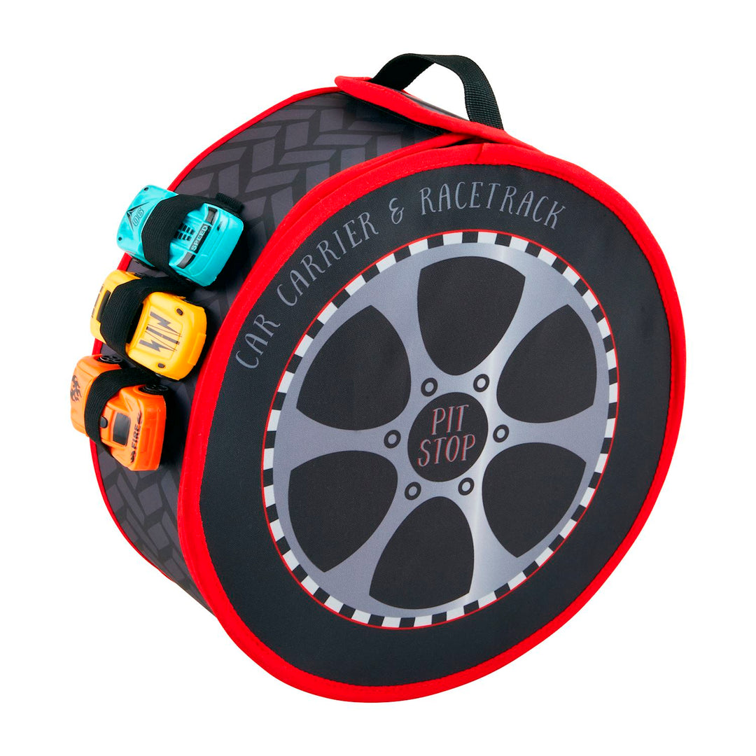 Round cotton car carrier and racetrack bag in tire design with three toy cars attached.