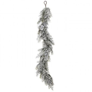 A 48-inch frosted cedar garland with a snowy finish and a hanging loop at the top.