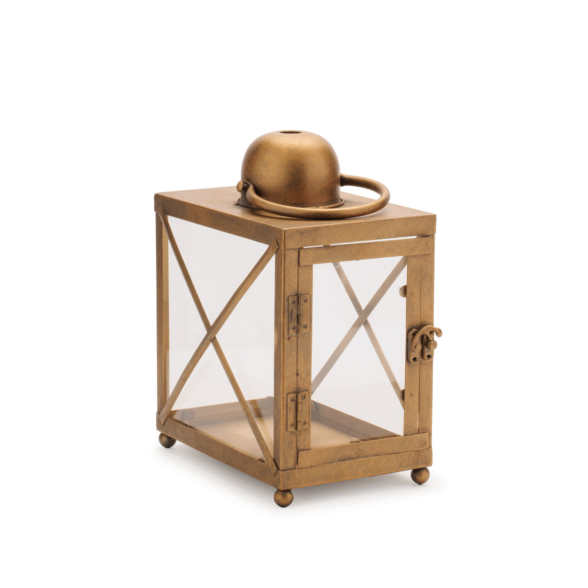 Metal lantern with glass panels in a cylindrical shape.