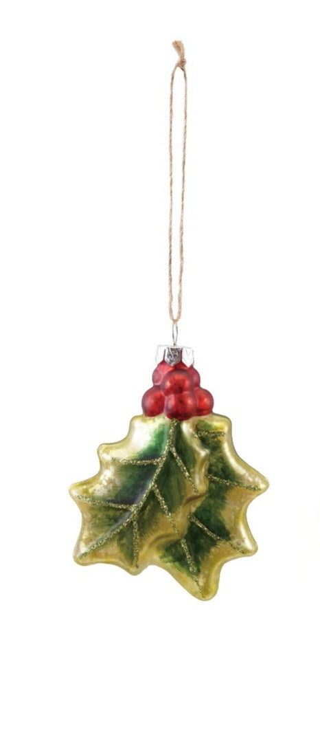 Hand-painted mercury glass holly ornament with green leaves, red berries, and gold glitter accents.