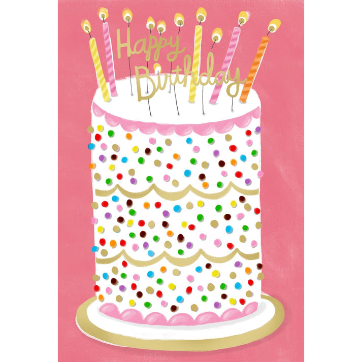 A birthday cake with colorful sprinkles and lit candles, topped with a gold "Happy Birthday" message.