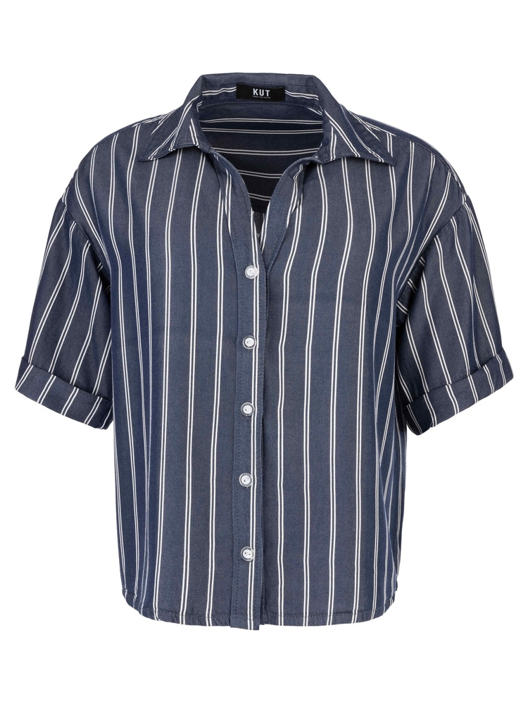 Brenda Boxy Button Front Shirt with short cuffed sleeves in navy blue with white vertical stripes.