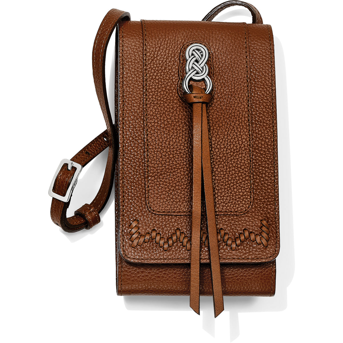 Leather phone organizer with Celtic-inspired hardware, hand-woven details, ID window, and adjustable strap.