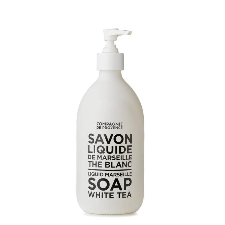Compagnie de Provence Liquid Marseille Soap White Tea in a 16.9 fl oz white glass bottle with pump.