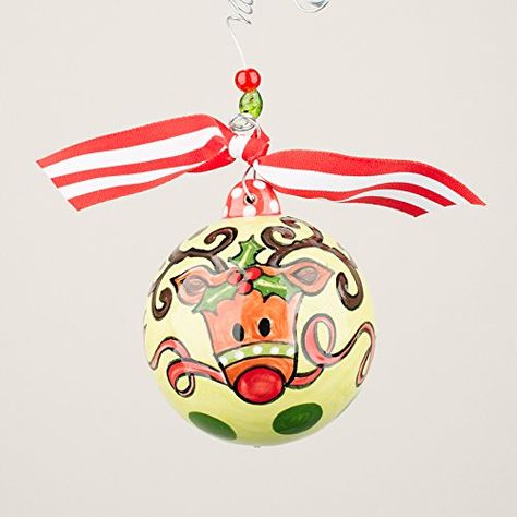 Hand-painted ceramic reindeer ball ornament with a natural wood finish.