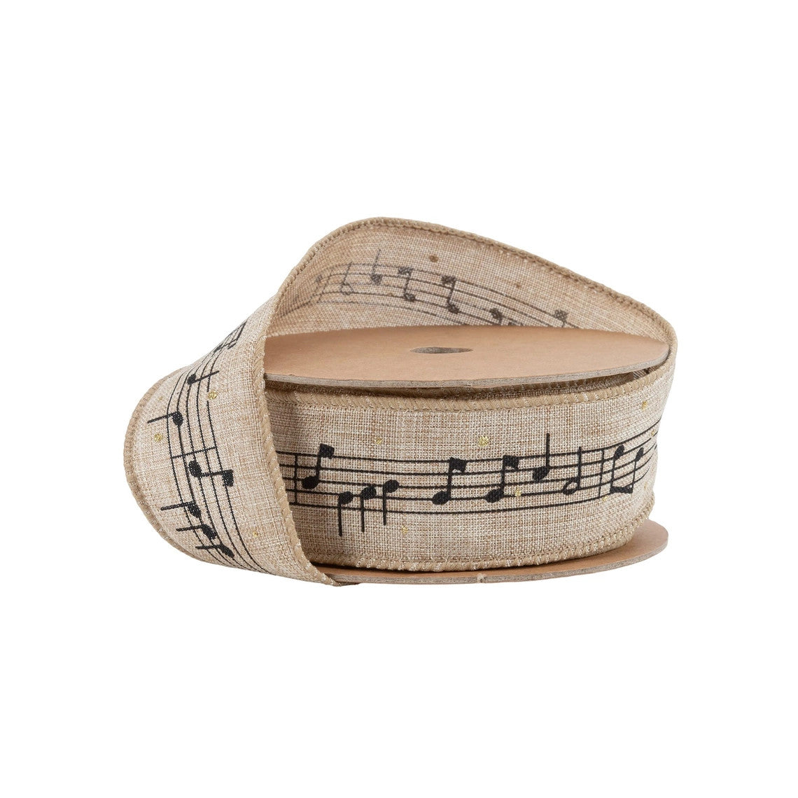 1.5 inch wired natural burlap ribbon with black musical notes and staff print on a spool.